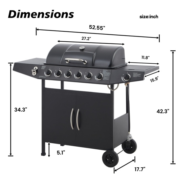 6 Burner BBQ Propane Gas Grill With Side Burner 59000 BTU Output Stainless Steel Barbecue Grill With Enamel-Coated Grates And Side Tables For Outdoor Cooking Kitchen And Patio Backyard. - Image 4