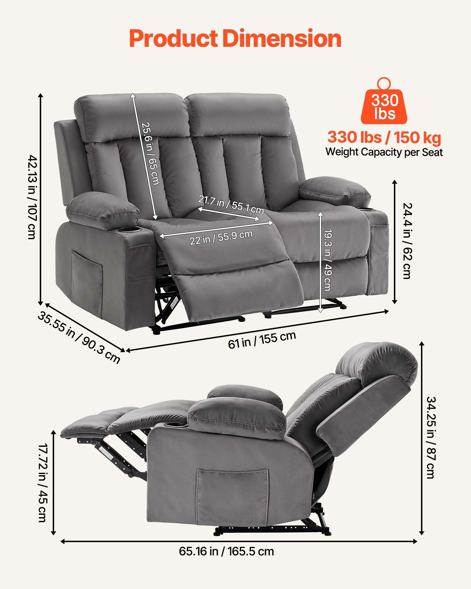 Loveseat Recliner Sofa, Power Reclining Couch With Heating And Massage, Soft Velvet Electric Recliner Sofa With USB Ports, Cup Holders AndSideBags, Dual Loveseat Chair For Living Room, Grey - Image 2