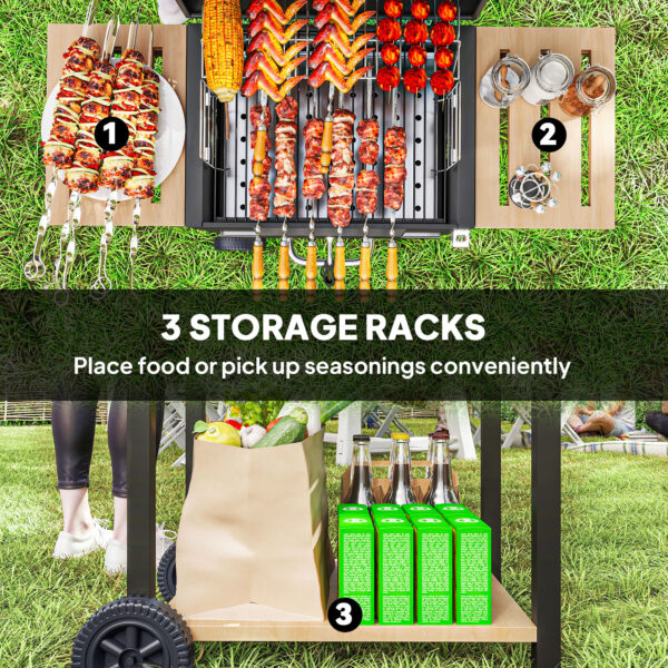 Charcoal BBQ Grill with 245 sq. in. Cooking Area, Adjustable Charcoal Pan, 3 Shelves, Thermometer, Black - Image 8