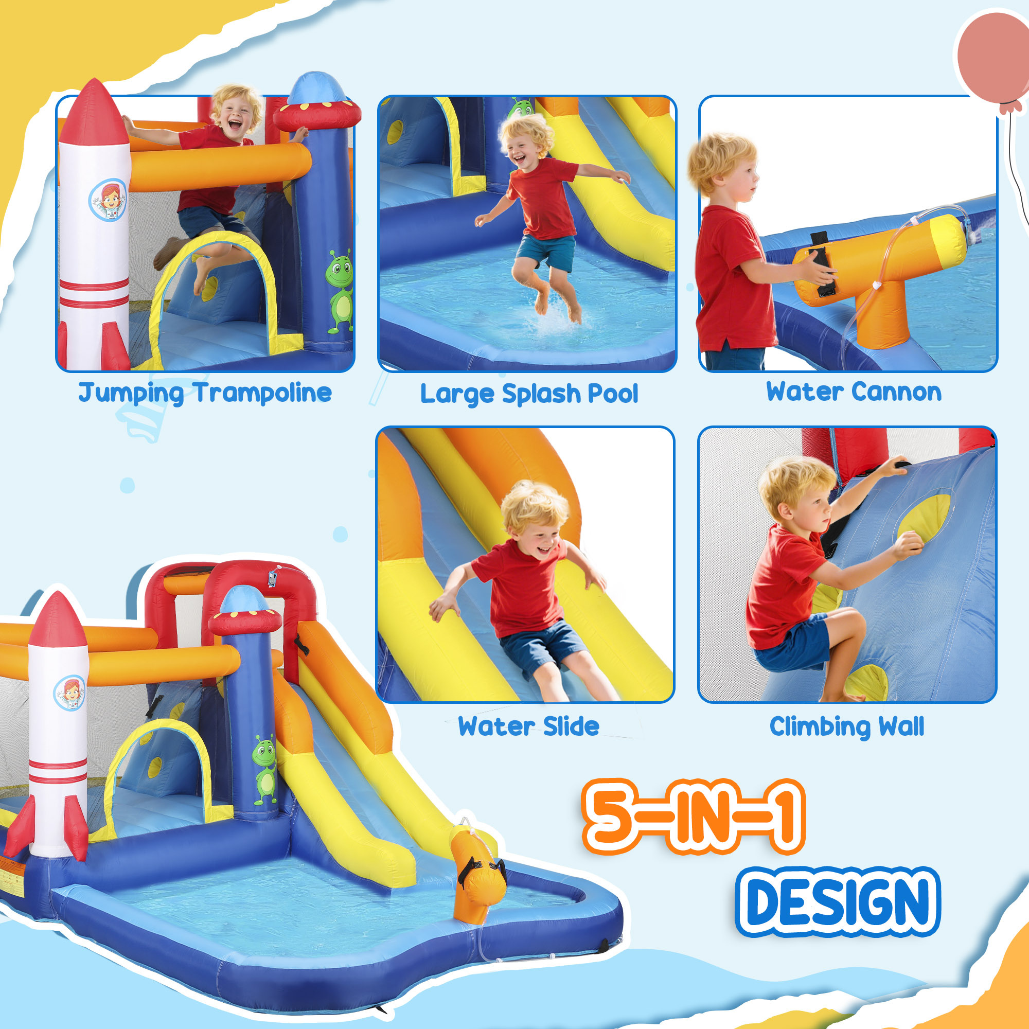 5 In 1 Inflatable Bounce House, Water Slide With 550W Blower, Splash Pool, Trampoline, Climbing Wall, Cannon - Image 2