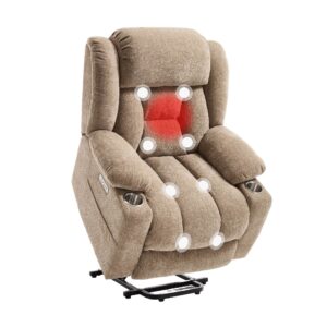 Power Lift Recliner Chair With Massage & Heat, Single Motor Lift Chair, Chenille Fabric Upholstery, USB Type-C, Cup Holders, Side Pockets, Light Brown