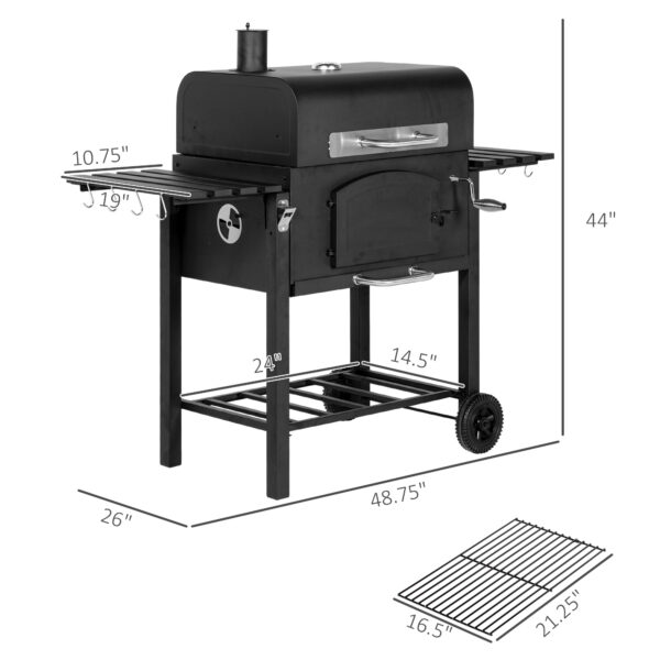 Charcoal BBQ Grill w/ Adjustable Height, Folding Shelves, Thermometer, and Wheels, Black - Image 5