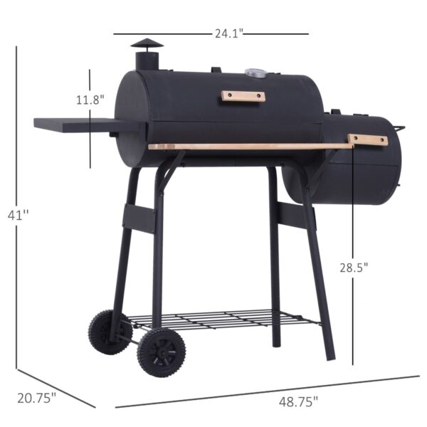 Charcoal BBQ, Portable Grill With Wheels, All-in-One Grill, Side Vent, Two Shelves And Metal Grating, Lit-Mounted Thermometer, Wooden Handle, For Outdoor Cooking, Black - Image 2