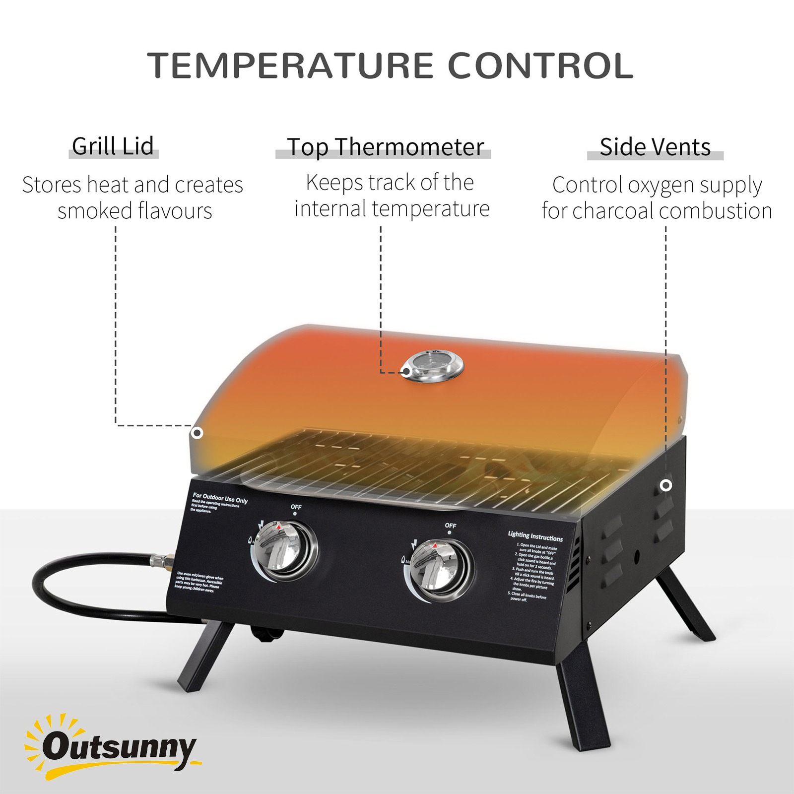 21.75" Charcoal BBQ, Portable Grill with 2 Burners, Heat-Resistant Handle, Folding Legs, Removable Ashtray, Thermometer, Carbon Steel, for Outdoor Cooking, Camping, Black - Image 3