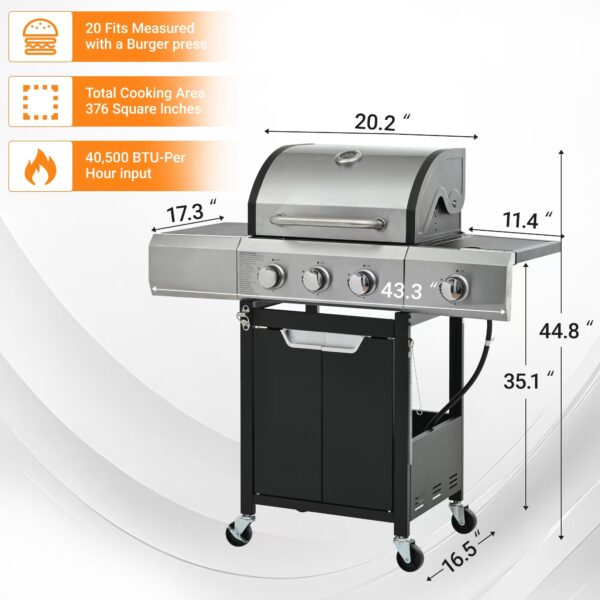 Propane Grill 3 Burner Barbecue Grill Stainless Steel Gas Grill With Side Burner For Outdoor BBQ, Camping - Image 4