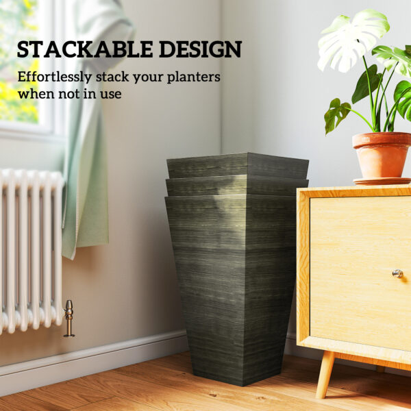 Set of 3 Tall Planters, 28" Outdoor Planter w/ Drainage Holes, Faux Wood Plastic Flower Pots, Dark Brown - Image 6