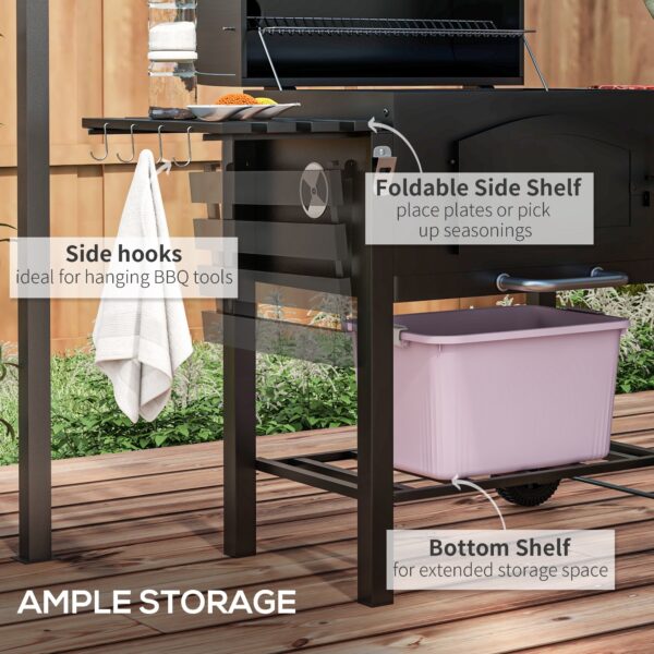 Charcoal BBQ Grill w/ Adjustable Height, Folding Shelves, Thermometer, and Wheels, Black - Image 7