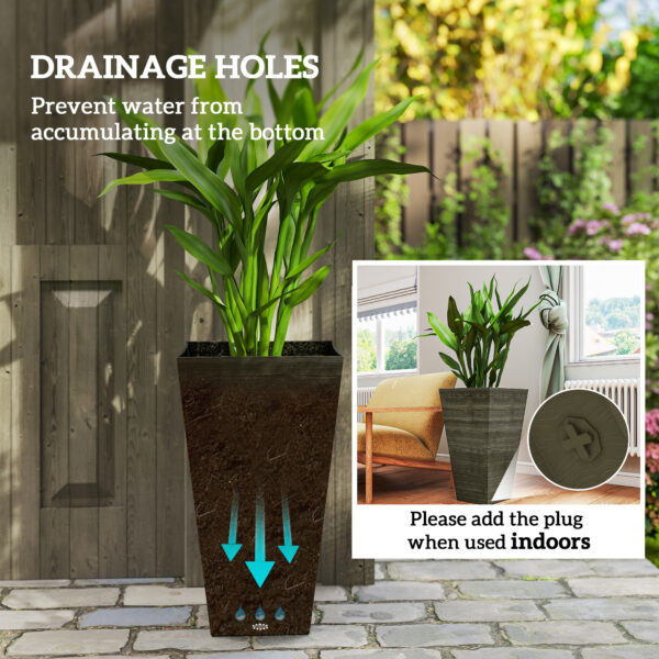 Set of 3 Tall Planters, 28" Outdoor Planter w/ Drainage Holes, Faux Wood Plastic Flower Pots, Dark Brown - Image 4