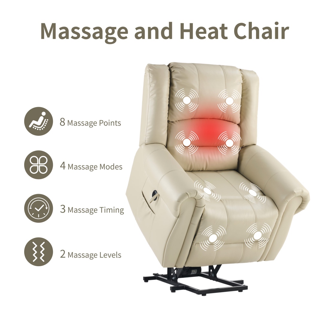 Power Lift Recliner Chair With Massage & Heat, Single Motor Lift Chair, Breathable PU Faux Leather, USB & Type-C, Side Pockets, Cream - Image 6