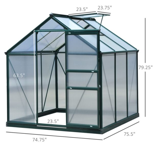 Walk In Greenhouse 6 X 6 X 7 Aluminum Polycarbonate Portable Garden Greenhouse With Rooftop Vent UV-Resistant Walls Dark Green - Image 5