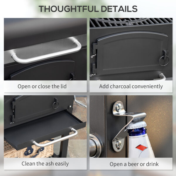 Charcoal BBQ Grill w/ Adjustable Height, Folding Shelves, Thermometer, and Wheels, Black - Image 4