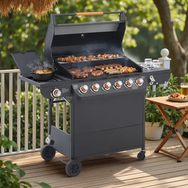 6 Burner BBQ Propane Gas Grill With Side Burner 72000 BTU Output Stainless Steel Barbecue Grill With Cast Iron Grates And Side Tables For Outdoor Cooking Kitchen And Patio Backyard. - Image 3