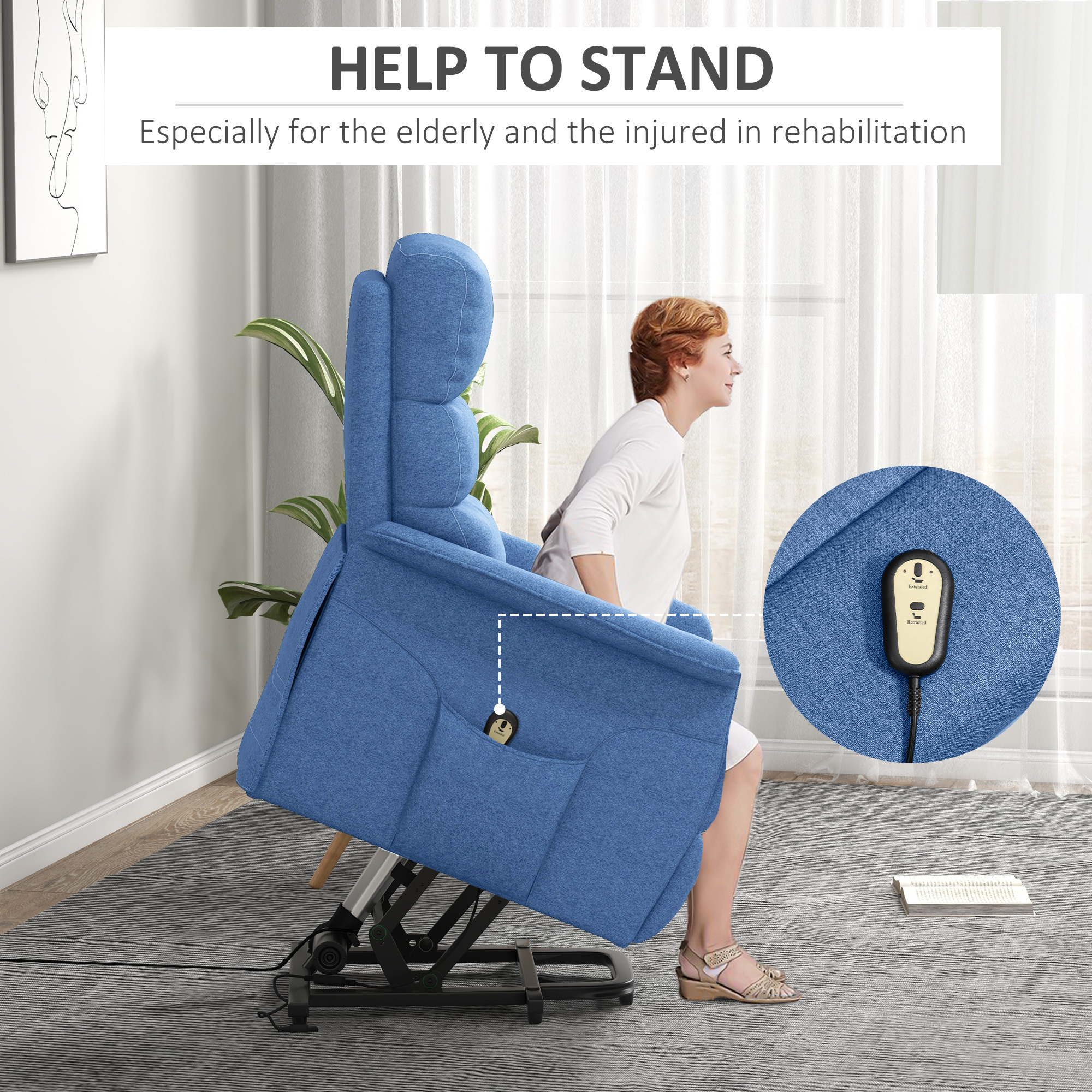 Power Lift Chair for Seniors, Electric Lift Recliner Chair with Remote Control, Side Pockets for Living Room, Blue - Image 8