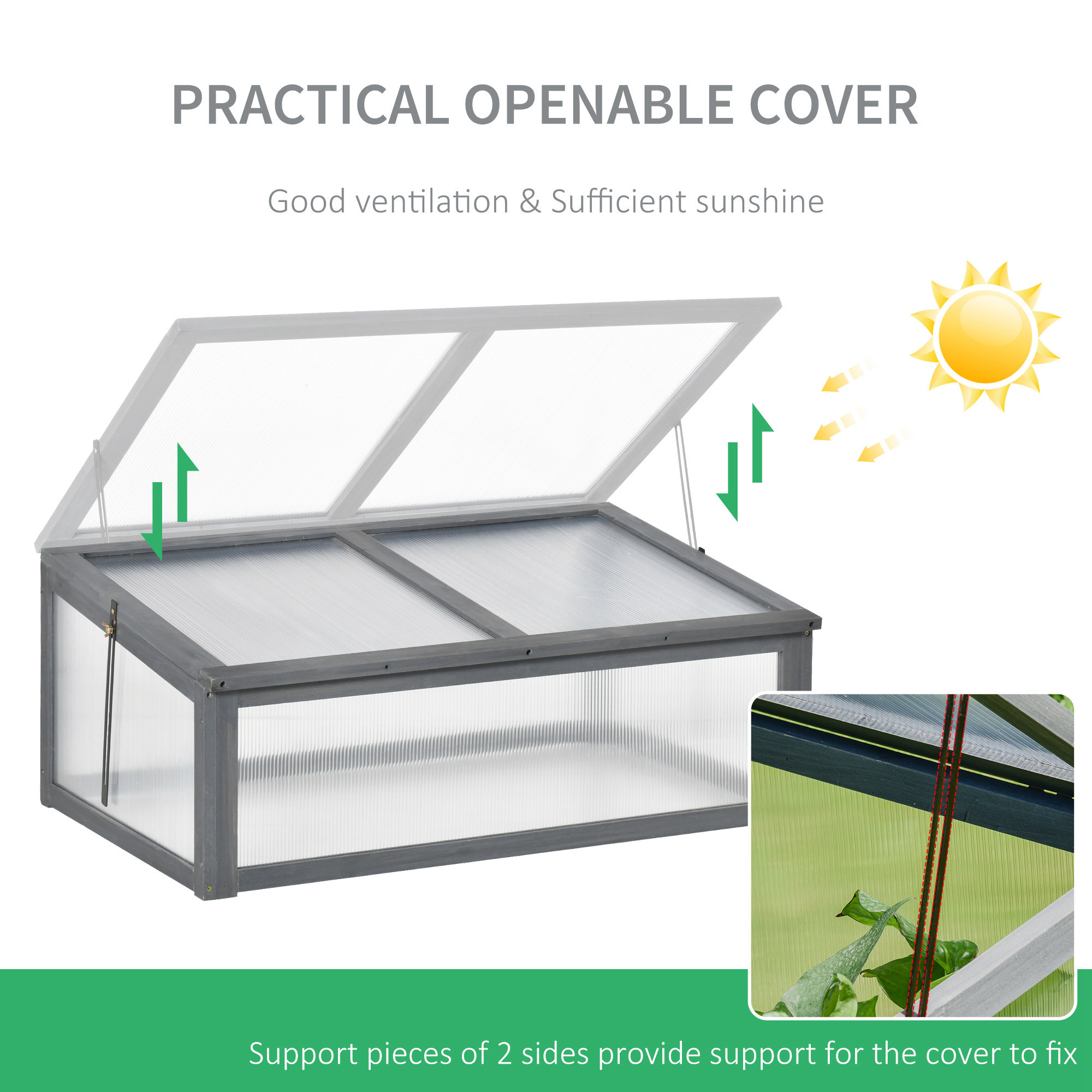 Wooden Cold Frame Greenhouse, Mini Greenhouse With Polycarbonate Board And Solid Wood Frame, Green House Cold Frame, Indoor Outdoor Terrarium Planter Box, 39" X 26" X 16", Gray - Image 4