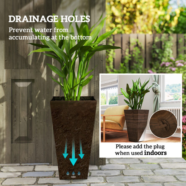 Set Of 3 Tall Planters, 28" Outdoor Planter W/ Drainage Holes, Faux Wood Plastic Flower Pots, Brown - Image 2