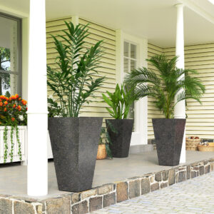 28" Tall Planters, Set Of 3 Plastic Flower Pots With Marble Finish And Drainage Holes, Stackable Taper Planters, Black