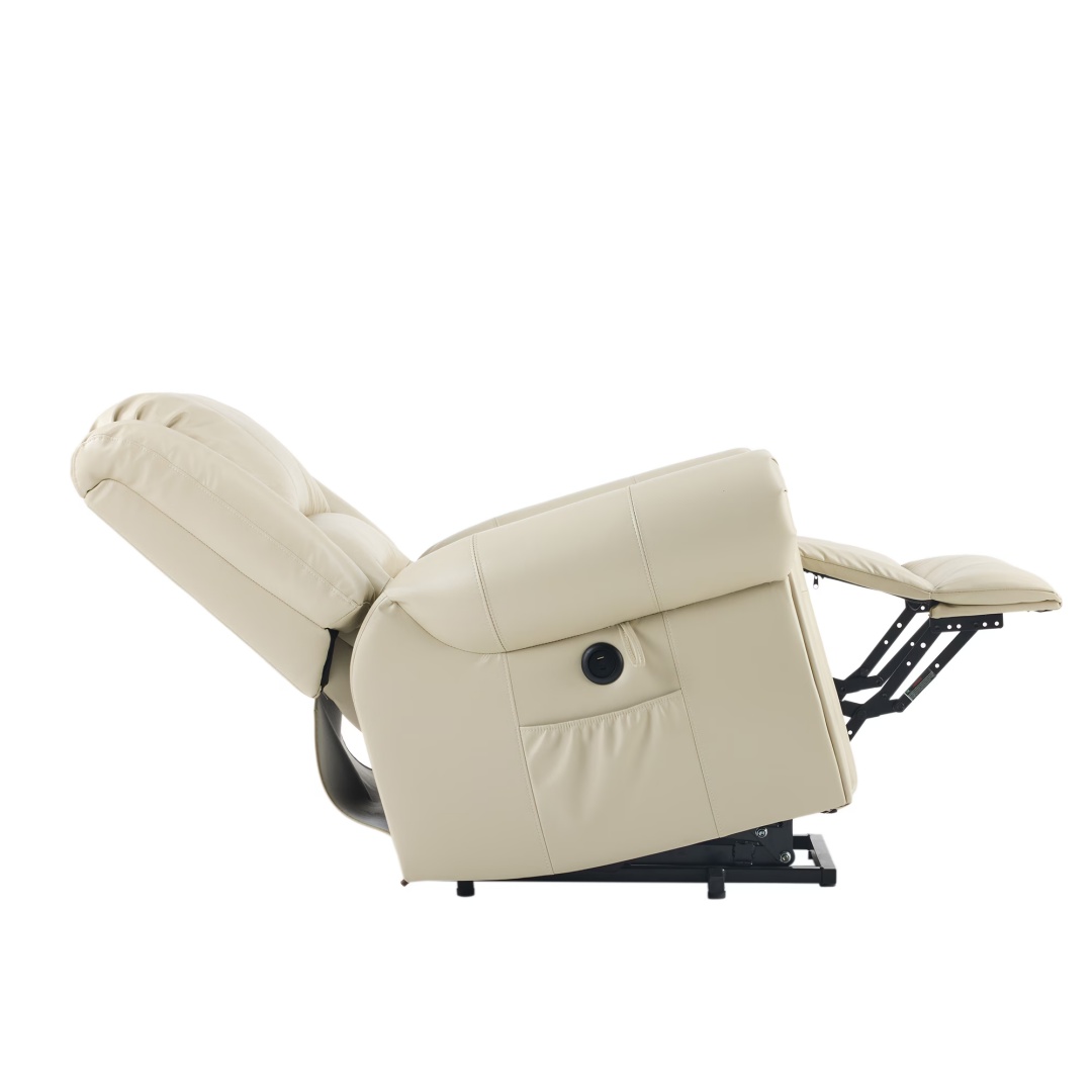 Power Lift Recliner Chair With Massage & Heat, Single Motor Lift Chair, Breathable PU Faux Leather, USB & Type-C, Side Pockets, Cream - Image 10
