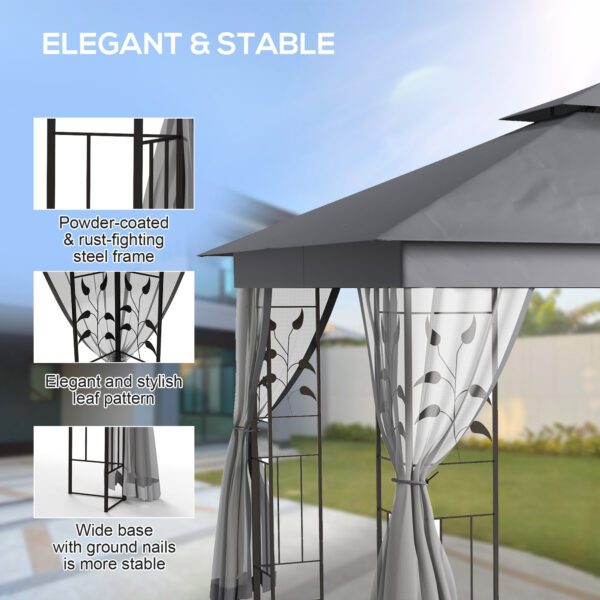 10' x 11.5' Metal Patio Gazebo, Double Roof Outdoor Gazebo Canopy Shelter w/Tree Motifs Corner Frame and Netting, Gray - Image 3