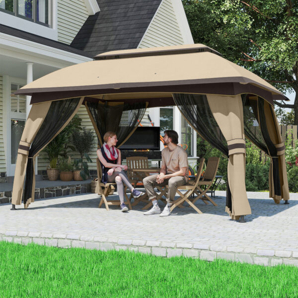 10' x 13' Patio Gazebo, Outdoor Gazebo Canopy Shelter with Netting, Vented Roof for Garden, Beige - Image 6