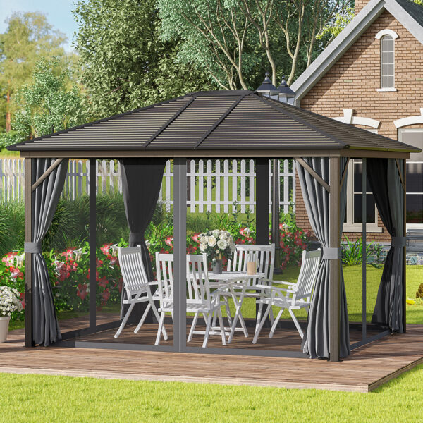 10' x 12' Hardtop Gazebo with Curtains and Netting, Gazebo Canopy with Aluminum Frame and Hooks, Dark Gray - Image 3