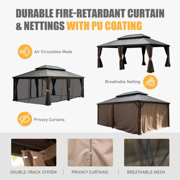 14x20FT Hardtop Gazebo, Permanent Metal Gazebo With Galvanized Steel Double Roof And Aluminum Frame, Curtain And Netting, Large Pavilion Gazebo For Patio Deck Garden - Image 3