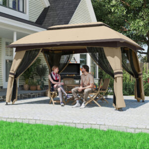 10' X 13' Patio Gazebo, Outdoor Gazebo Canopy Shelter With Netting, Vented Roof For Garden, Beige
