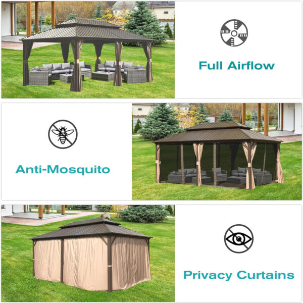 12 X 18 Hardtop Gazebo, Aluminum Metal Gazebo With Galvanized Steel Double Roof Canopy, Curtain And Netting, Permanent Gazebo Pavilion For Party, Wedding, Outdoor Dining, Brown - Image 4