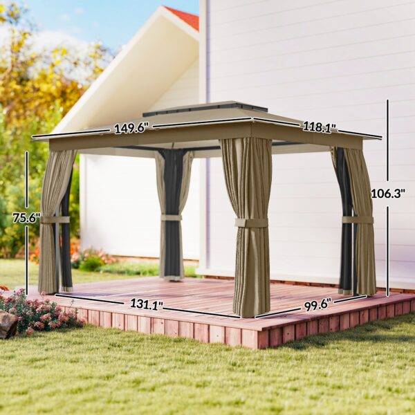 10' x 12' Outdoor Patio Gazebo, Soft Top Gazebo Canopy Shelter with Curtains, Netting, Steel Frame, Hooks, Khaki - Image 4