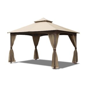 10 X13  Gazebo, Outdoor Gazebo With Mosquito Netting, Metal Frame Double Roof Soft Top Patio Gazebo Canopy Tent For Deck  Garden Lawns  Khaki