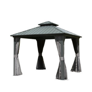 10 X 10 Hardtop Gazebo, Aluminum Metal Gazebo With Galvanized Steel Double Roof Canopy, Curtain And Netting, Permanent Gazebo Pavilion For Patio, Backyard, Deck, Lawn