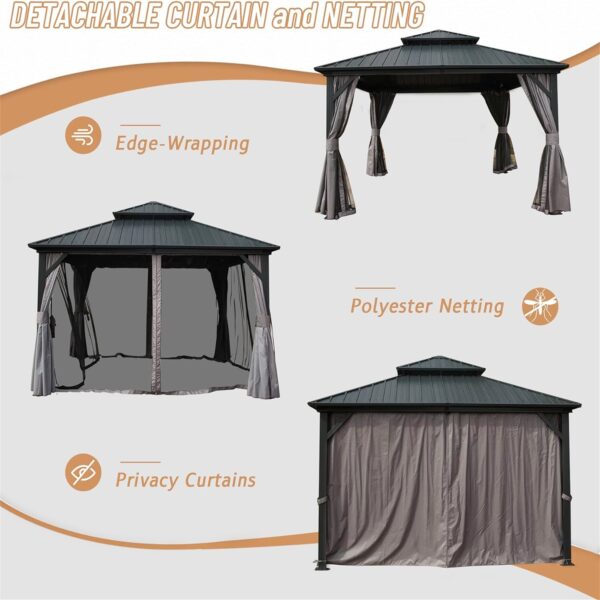 12  X 12  Hardtop Gazebo, Aluminum Metal Gazebo With Galvanized Steel Double Roof Canopy, Curtain And Netting, Permanent Gazebo Pavilion For Patio, Backyard, Deck, Lawn - Image 4