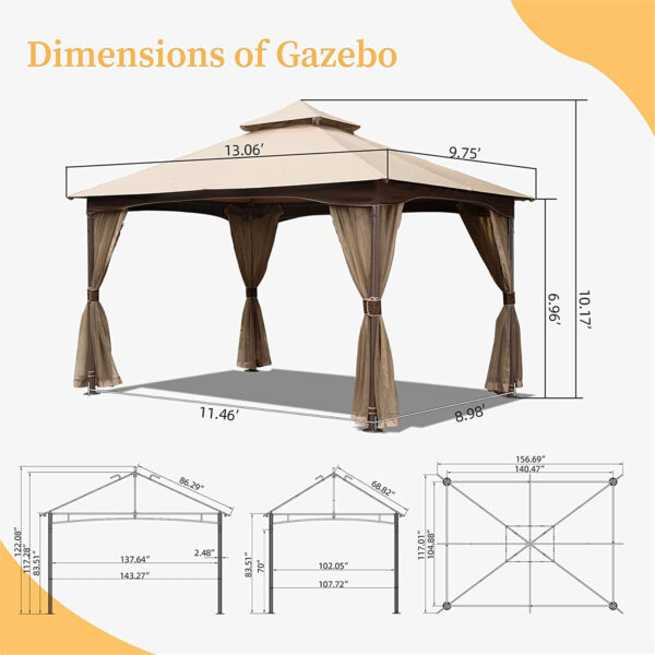10 X13 Gazebo, Outdoor Gazebo With Mosquito Netting, Metal Frame Double Roof Soft Top Patio Gazebo Canopy Tent For Deck Garden Lawns Khaki - Image 2