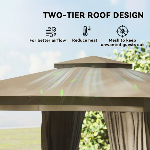 10' x 12' Outdoor Patio Gazebo, Soft Top Gazebo Canopy Shelter with Curtains, Netting, Steel Frame, Hooks, Khaki - Image 5