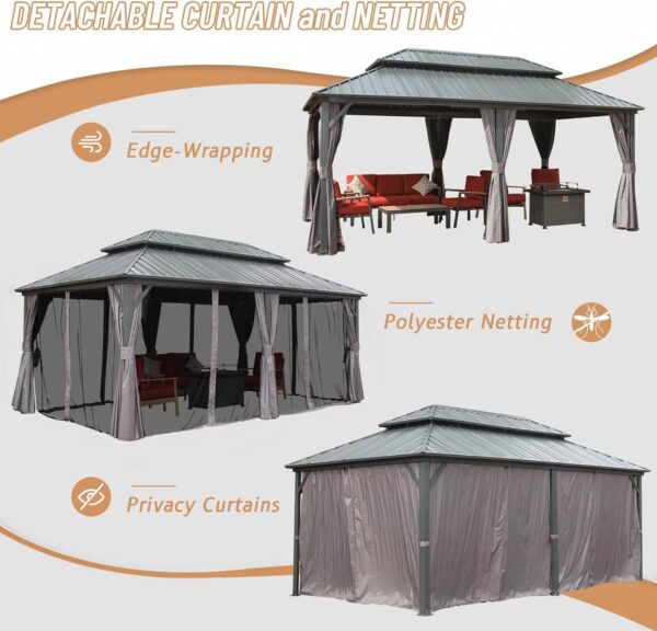 12 X 20 Hardtop Gazebo, Aluminum Metal Gazebo With Galvanized Steel Double Roof Canopy, Curtain And Netting, Permanent Gazebo Pavilion For Patio, Backyard, Deck, Lawn - Image 5