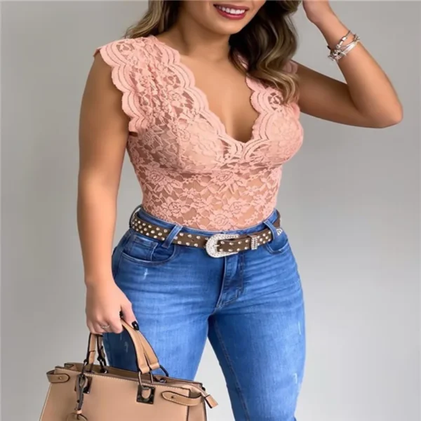 Summer Sexy V Neck Lace Vest Top Women Solid Sleeveless Tank Tops Female Elegant Floral Hollow Out Bodycon Clubwear T Shirt - Image 13