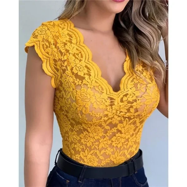 Summer Sexy V Neck Lace Vest Top Women Solid Sleeveless Tank Tops Female Elegant Floral Hollow Out Bodycon Clubwear T Shirt - Image 11