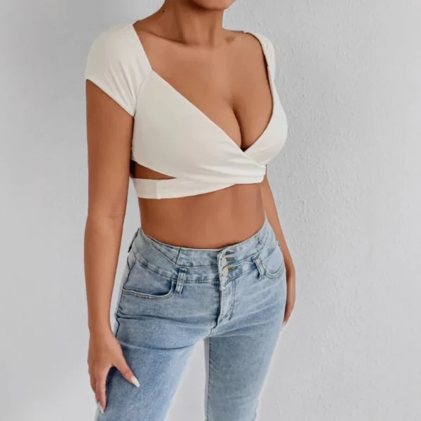 Summer Women's Sexy V Neck T-Shirt High Waisted Push Up Crop Top Stretchy Blend Daily Club Outfit Beach Elegant Curvy Fit Tee - Image 2