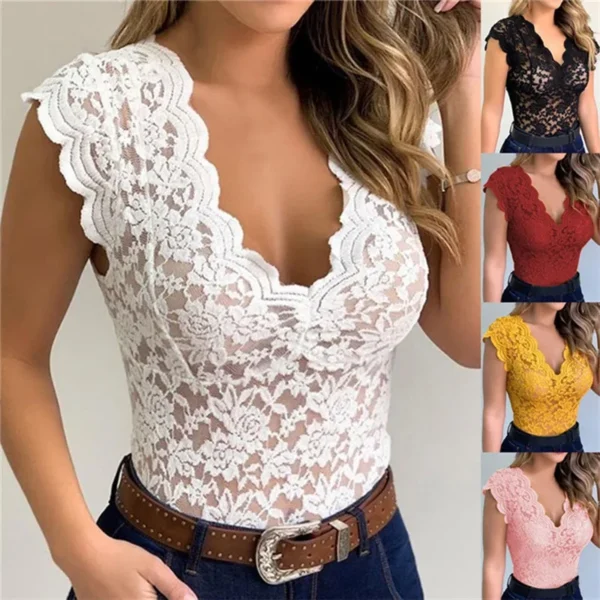 Summer Sexy V Neck Lace Vest Top Women Solid Sleeveless Tank Tops Female Elegant Floral Hollow Out Bodycon Clubwear T Shirt - Image 2