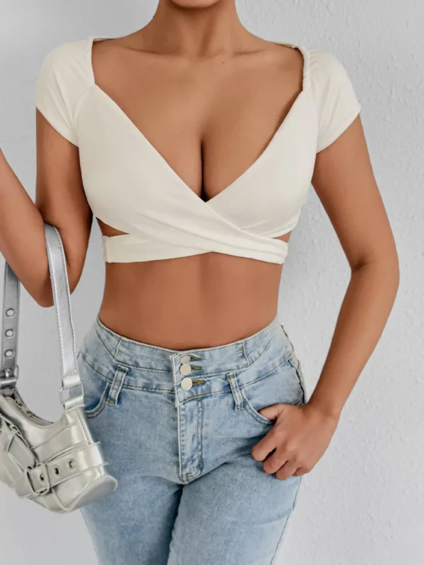 Summer Women's Sexy V Neck T-Shirt High Waisted Push Up Crop Top Stretchy Blend Daily Club Outfit Beach Elegant Curvy Fit Tee - Image 11