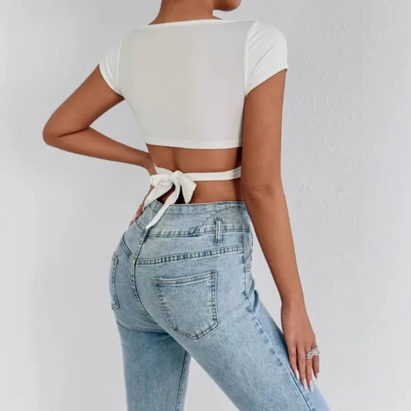 Summer Women's Sexy V Neck T-Shirt High Waisted Push Up Crop Top Stretchy Blend Daily Club Outfit Beach Elegant Curvy Fit Tee - Image 4