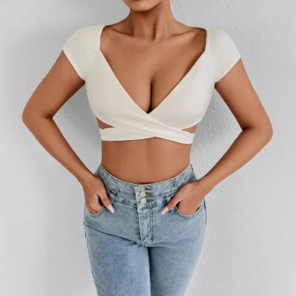 Summer Women's Sexy V Neck T-Shirt High Waisted Push Up Crop Top Stretchy Blend Daily Club Outfit Beach Elegant Curvy Fit Tee - Image 3