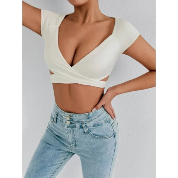Summer Women's Sexy V Neck T-Shirt High Waisted Push Up Crop Top Stretchy Blend Daily Club Outfit Beach Elegant Curvy Fit Tee - Image 5