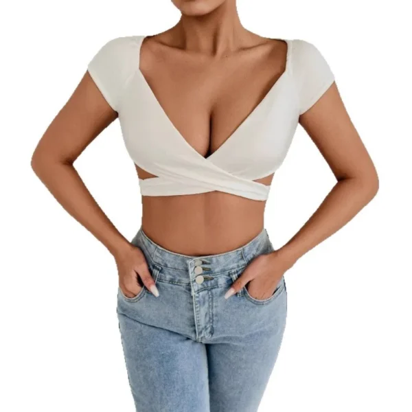 Summer Women's Sexy V Neck T-Shirt High Waisted Push Up Crop Top Stretchy Blend Daily Club Outfit Beach Elegant Curvy Fit Tee - Image 6