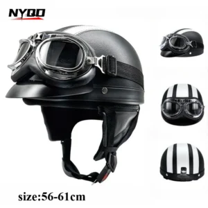 Retro Leather Motorcycle Helmets For Men Women Vintage Moto Half Helmet With Goggles Four Seasons Riding Scooter Capacetes