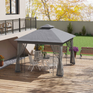 10' x 11.5' Metal Patio Gazebo, Double Roof Outdoor Gazebo Canopy Shelter w/Tree Motifs Corner Frame and Netting, Gray
