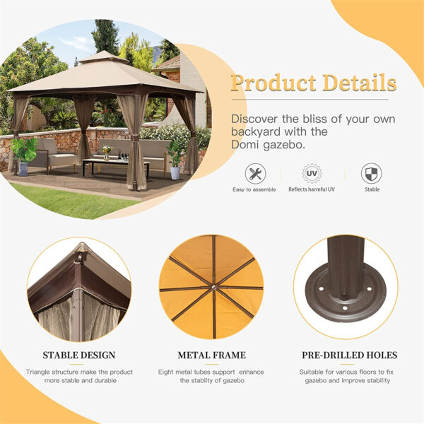 10 X13 Gazebo, Outdoor Gazebo With Mosquito Netting, Metal Frame Double Roof Soft Top Patio Gazebo Canopy Tent For Deck Garden Lawns Khaki - Image 4