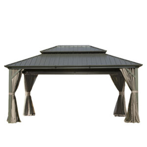 12  X 16  Hardtop Gazebo, Aluminum Metal Gazebo With Galvanized Steel Double Roof Canopy, Curtain And Netting, Permanent Gazebo Pavilion For Patio, Backyard, Deck, Lawn