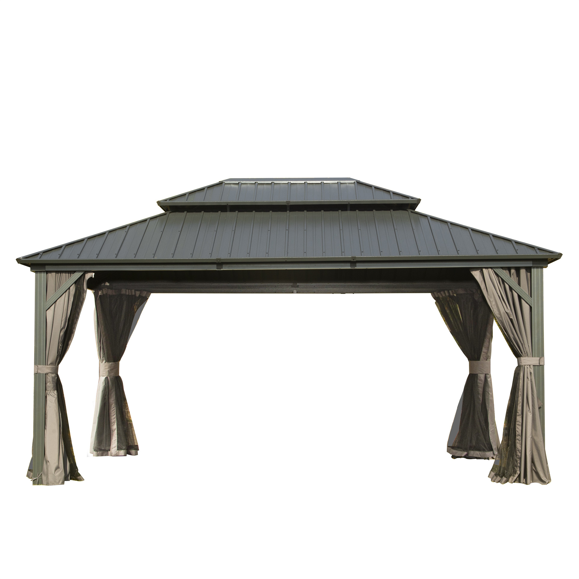 12 X 16 Hardtop Gazebo, Aluminum Metal Gazebo With Galvanized Steel Double Roof Canopy, Curtain And Netting, Permanent Gazebo Pavilion For Patio, Backyard, Deck, Lawn