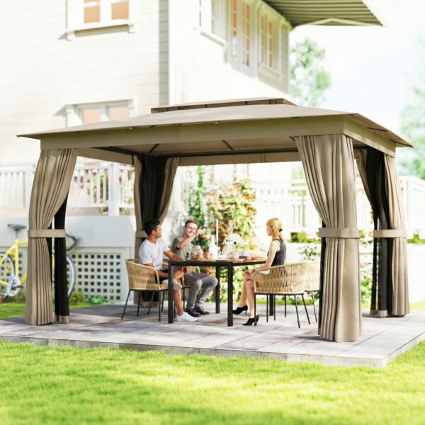 10' x 12' Outdoor Patio Gazebo, Soft Top Gazebo Canopy Shelter with Curtains, Netting, Steel Frame, Hooks, Khaki - Image 8