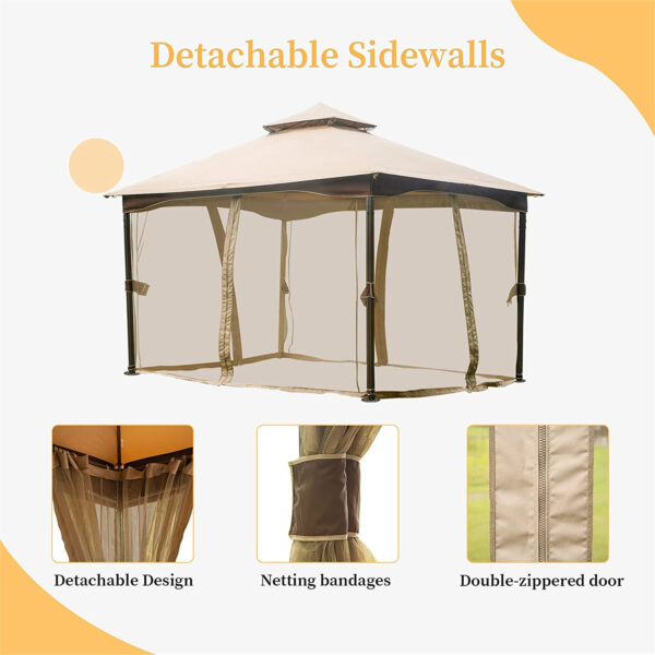 10 X13 Gazebo, Outdoor Gazebo With Mosquito Netting, Metal Frame Double Roof Soft Top Patio Gazebo Canopy Tent For Deck Garden Lawns Khaki - Image 5